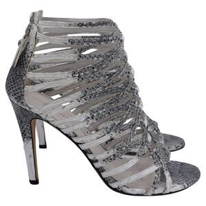 Stuart Weitzman Loops Strappy Sandals in Grey Python-Embossed Leather